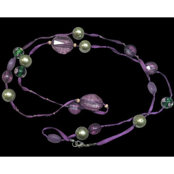Whimsical Purple Beaded Ribbon Station Necklace - Picture 1 of 4